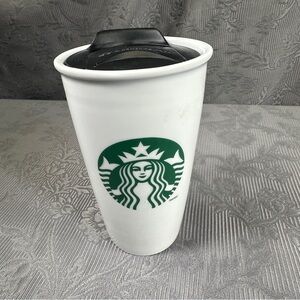 Starbucks 12oz Porcelain White ,Green Travel Tumbler Mug With Black Lid 2011